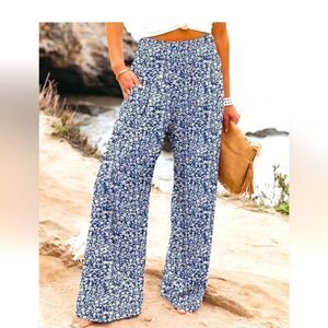 Blue and White Palazzo Pants with Floral Print